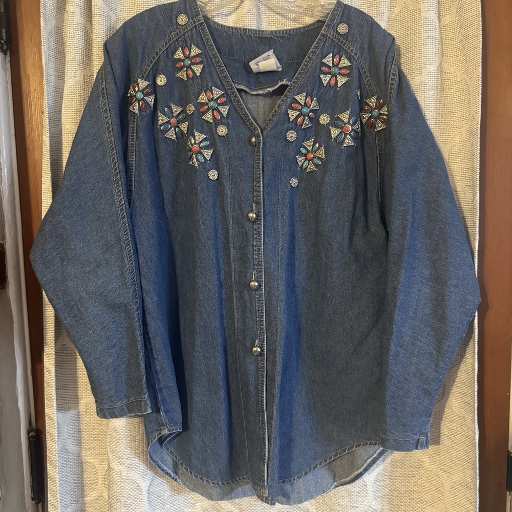 VTG Bingo! Bingo! Denim Shirt Size 8‎ 100% Cotton USA Made 90s Turquoise